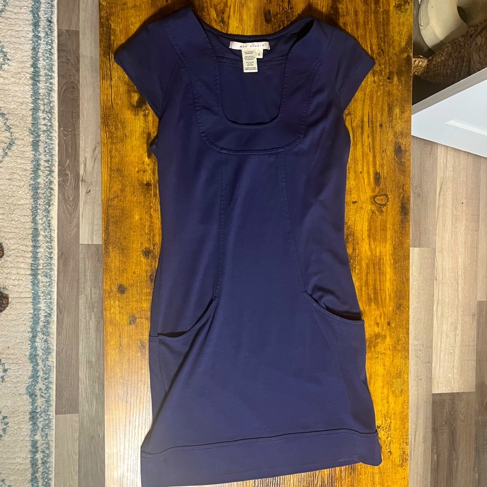 Max studio navy blue dress with pockets. Small but could fit medium. Low cut.